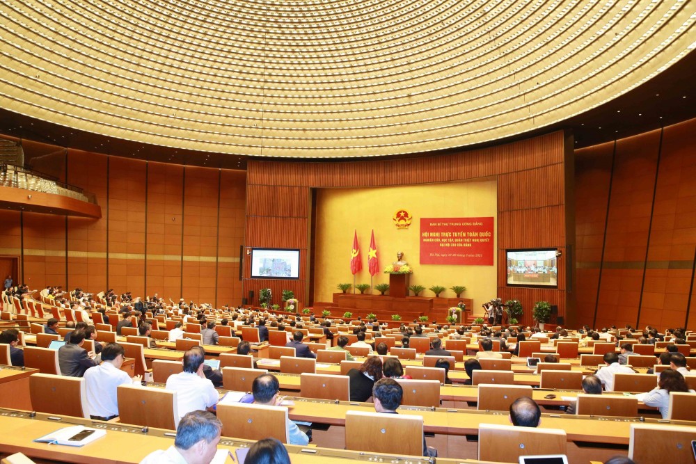 Quang cảnh hội nghị tại điểm cầu chính - Phòng họp Diên Hồng, Nhà Quốc hội (Hà Nội). (Nguồn: TTXVN)