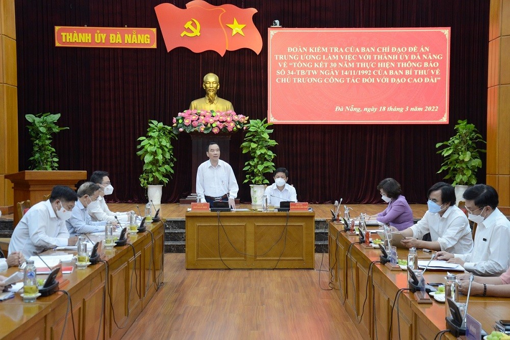 Phó Chủ tịch Ủy ban Trung ương Mặt trận Tổ quốc Việt Nam Ngô Sách Thực dẫn đầu đã có buổi làm việc với Thành ủy Đà Nẵng ngày 18/3. (Nguồn: TTXVN)