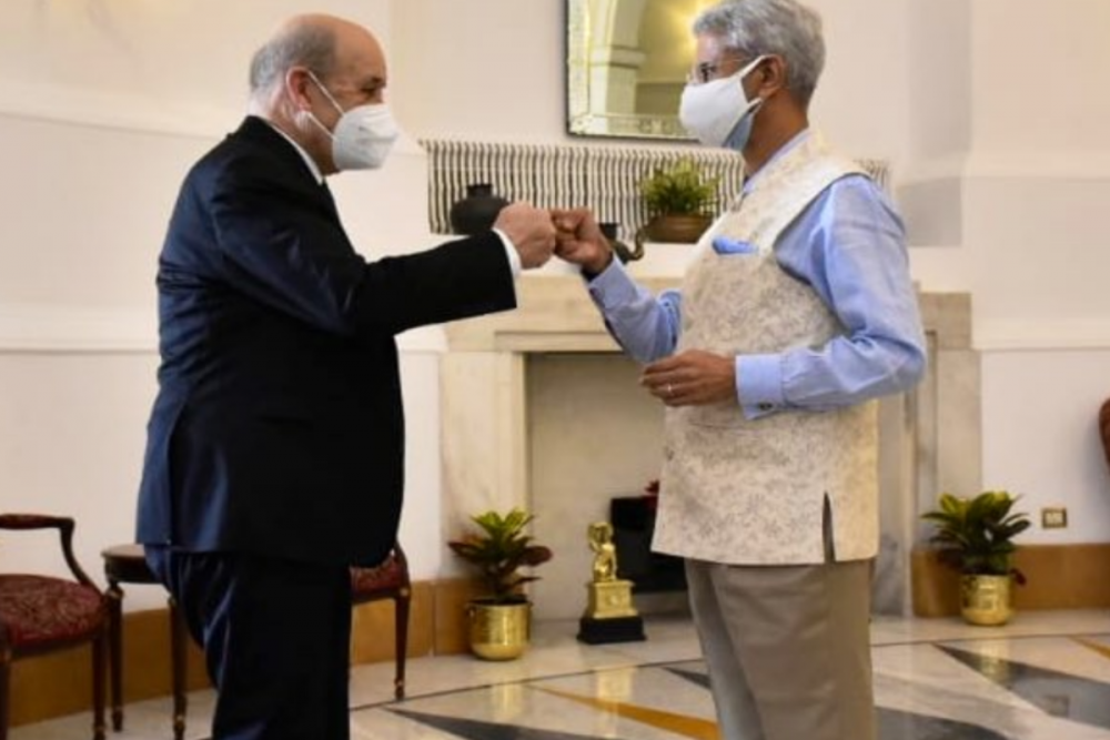 Hội đàm giữa Ngoại trưởng Ấn Độ S Jaishankar và người đồng cấp Pháp Jean-Yves Le Drian hôm 13/4 tại thủ đô New Delhi. (Nguồn: Twitter)