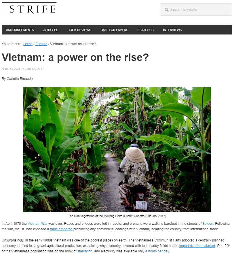 Trang strifeblog.org của Anh ngày 13/4 đăng bài nhận định Việt Nam đang vươn lên với tư cách một cường quốc tầm trung, đặc biệt trong lĩnh vực chuỗi cung ứng toàn cầu và phát triển công nghệ 5G. (Ảnh chụp màn hình)