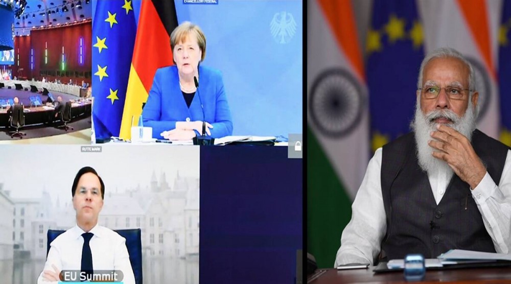 Thủ tướng Ấn Độ Narendra Modi và các nhà lãnh đạo EU tham dự Hội nghị thượng đỉnh trực tuyến Ấn Độ-EU ngày 8/5. (Nguồn: Bộ Ngoại giao Ấn Độ)