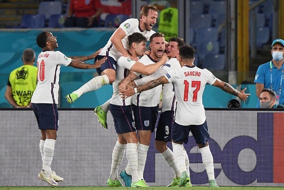 Niềm vui chiến thắng của các cầu thủ Anh trong trận tứ kết EURO 2020 gặp Ukraine ở Rome, Italy ngày 4/7 (Nguồn: AFP)
