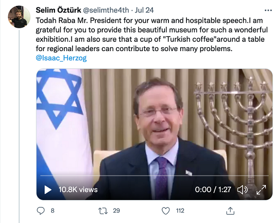 Tham tán Văn hoá Thổ Nhĩ Kỳ tại Tel Aviv, ông Selim Öztürk, cảm ơn Tổng thống Isaac Herzog trên twitter và ủng hộ ngoại giao cà phê Thổ Nhĩ Kỳ. (Nguồn: Twitter)