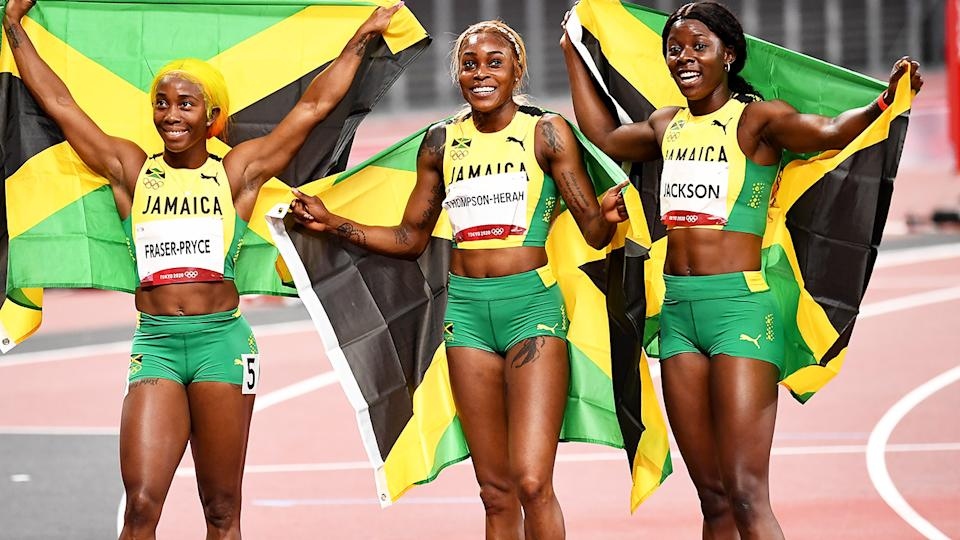 Olympic Tokyo 2021: Jamaica giành đủ huy chương vàng, bạc, đồng chạy 100m nữ. (Nguồn: Los Angeles Times/Getty Images)