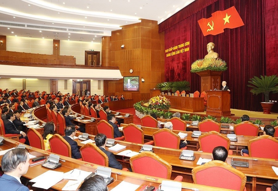 Tổng Bí thư Nguyễn Phú Trọng và các lãnh đạo Đảng, Nhà nước cùng các đại biểu dự bế mạc Hội nghị. (Ảnh: Trí Dũng/TTXVN)
