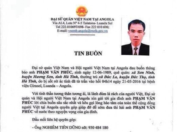 2 lao động Việt Nam bị tử vong tại Angola