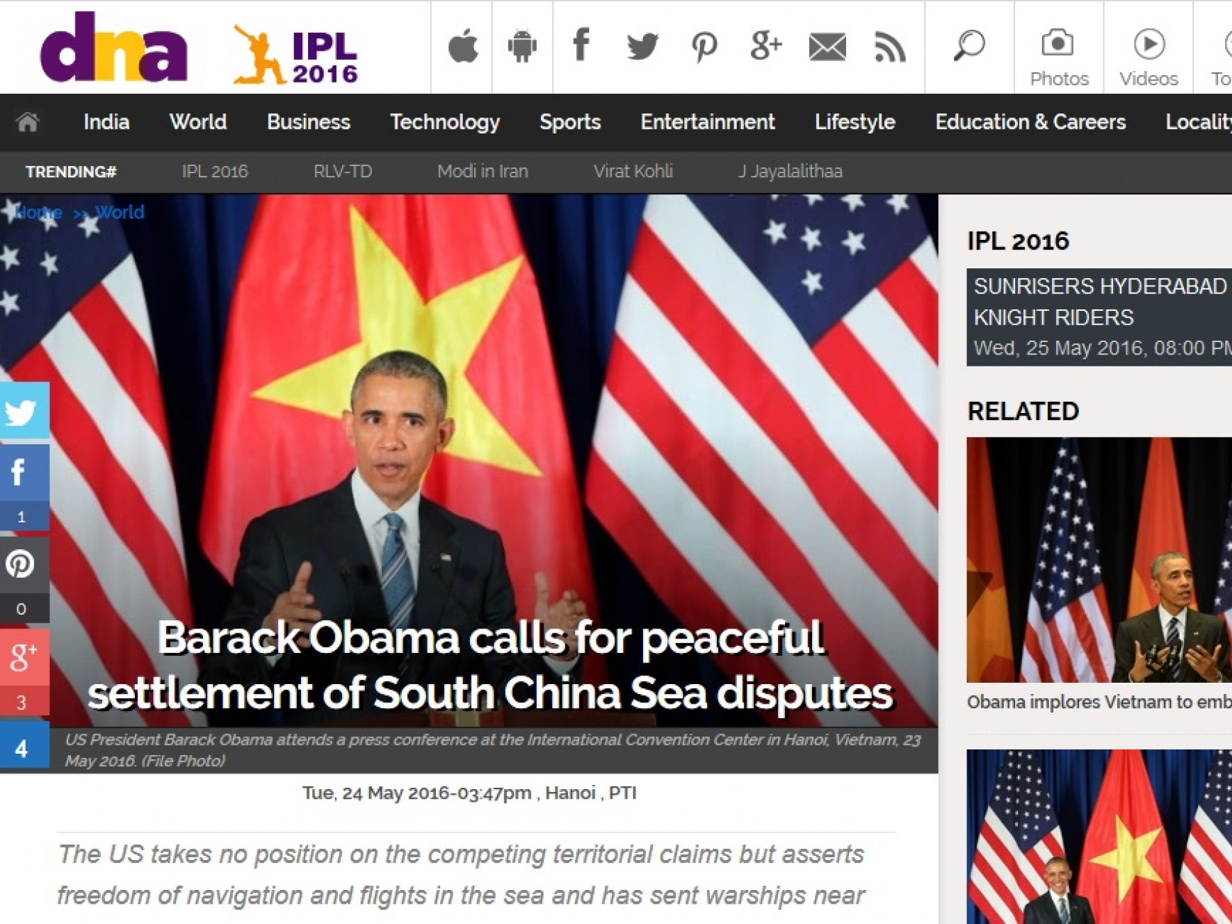 Báo Ấn Độ “bám sát” chuyến thăm Việt Nam của ông Obama