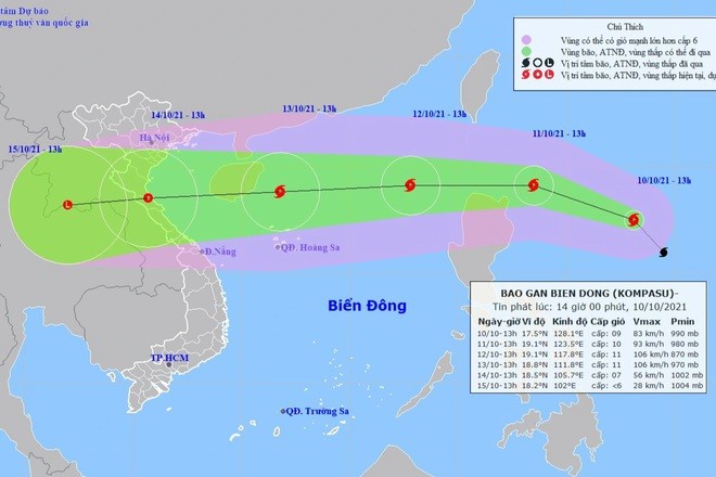 Vị trí và hướng di chuyển của bão Kompasu. (Nguồn: NCHMF)