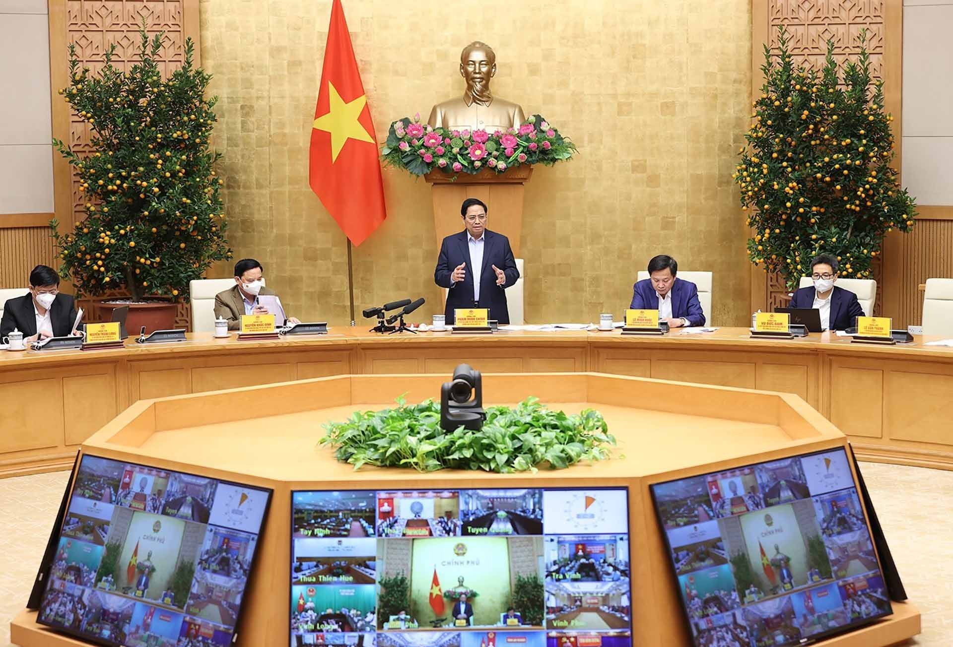 Thủ tướng Phạm Minh Chính chủ trì họp trực tuyến với 63 tỉnh, thành phố về công tác phòng, chống dịch Covid-19. (Nguồn: TTXVN)