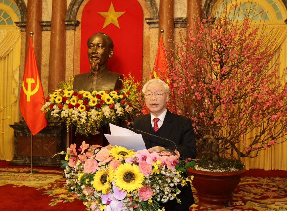 Tổng Bí thư, Chủ tịch nước Nguyễn Phú Trọng phát biểu tại buổi gặp mặt. (Nguồn: TTXVN)
