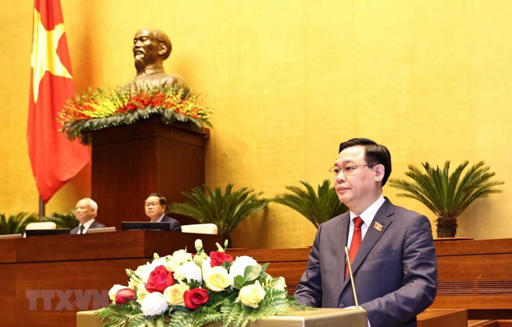 Chủ tịch Quốc hội Vương Đình Huệ phát biểu sau Lễ tuyên thệ nhậm chức. (Ảnh: Trọng Đức/TTXVN)