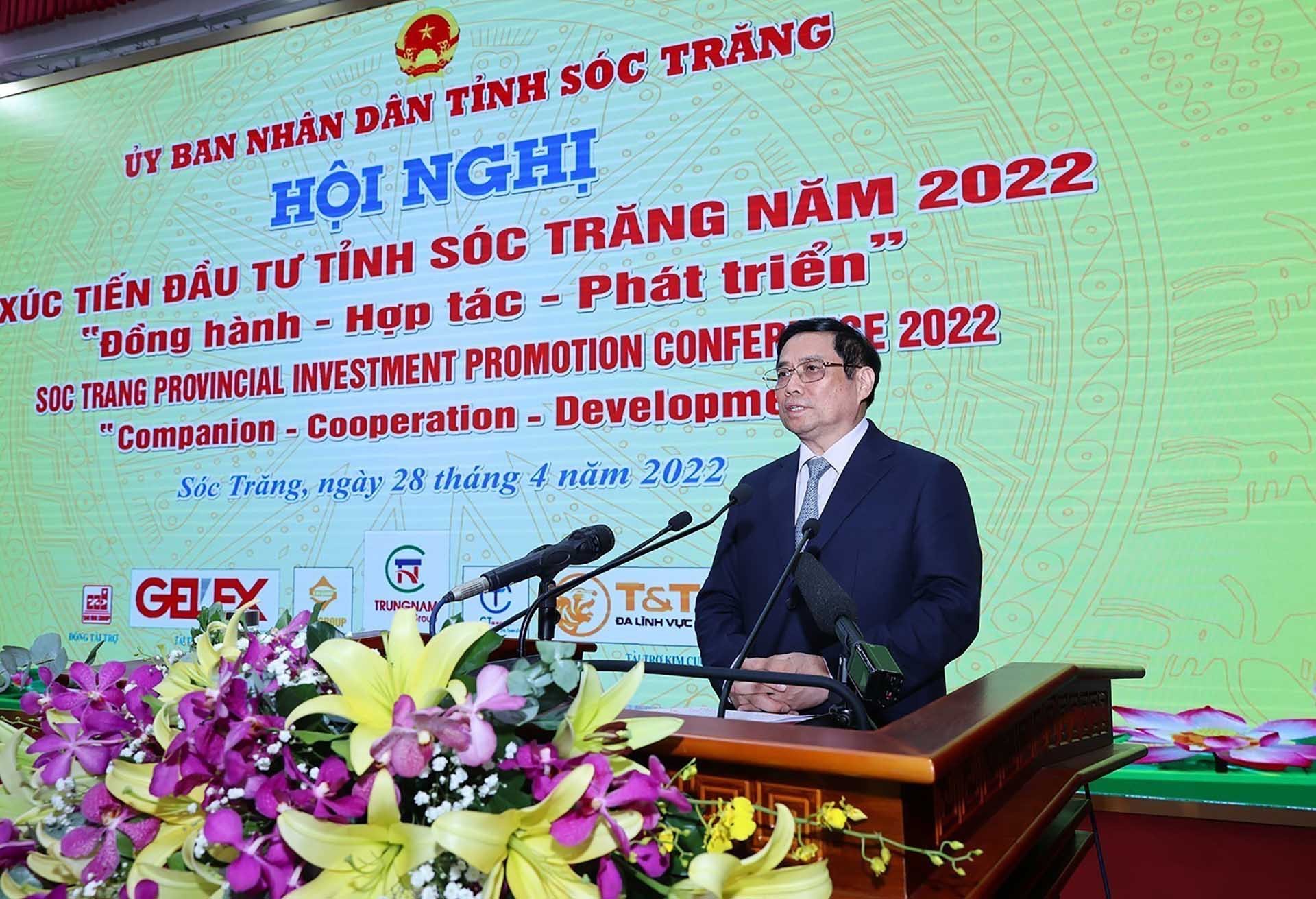 Thủ tướng Phạm Minh Chính phát biểu tại Hội nghị xúc tiến đầu tư tỉnh Sóc Trăng năm 2022. (Nguồn: TTXVN)