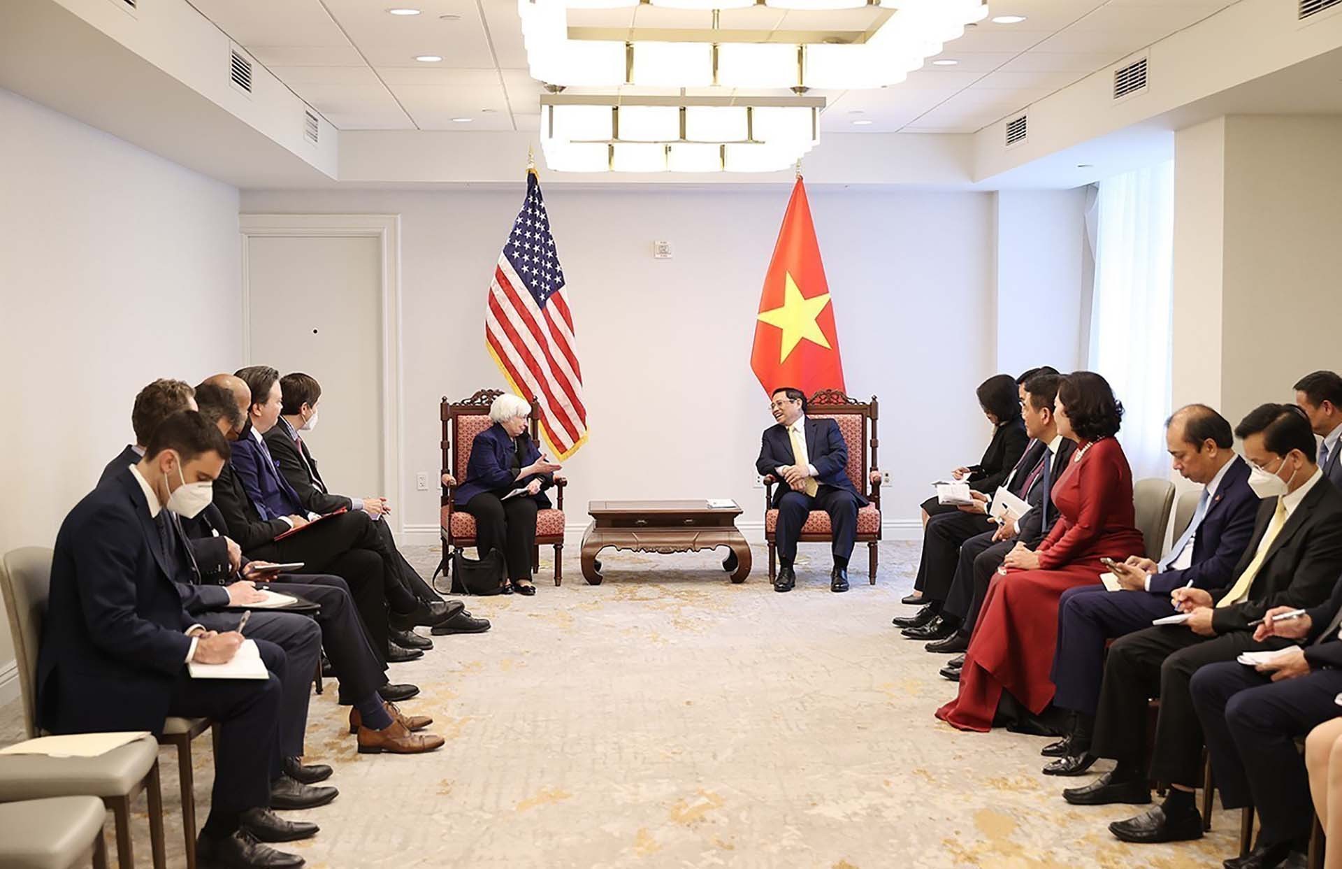Thủ tướng Phạm Minh Chính tiếp bà Janet Yellen, Bộ trưởng Tài chính Hoa Kỳ. (Nguồn: TTXVN)