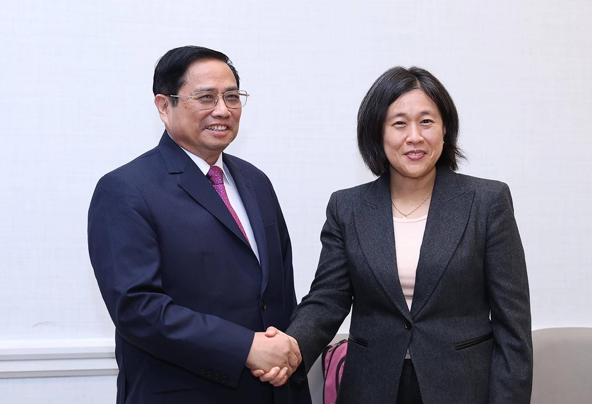 Thủ tướng Phạm Minh Chính tiếp Trưởng Đại diện Thương mại Hoa Kỳ Katherine Tai. (Nguồn: TTXVN)