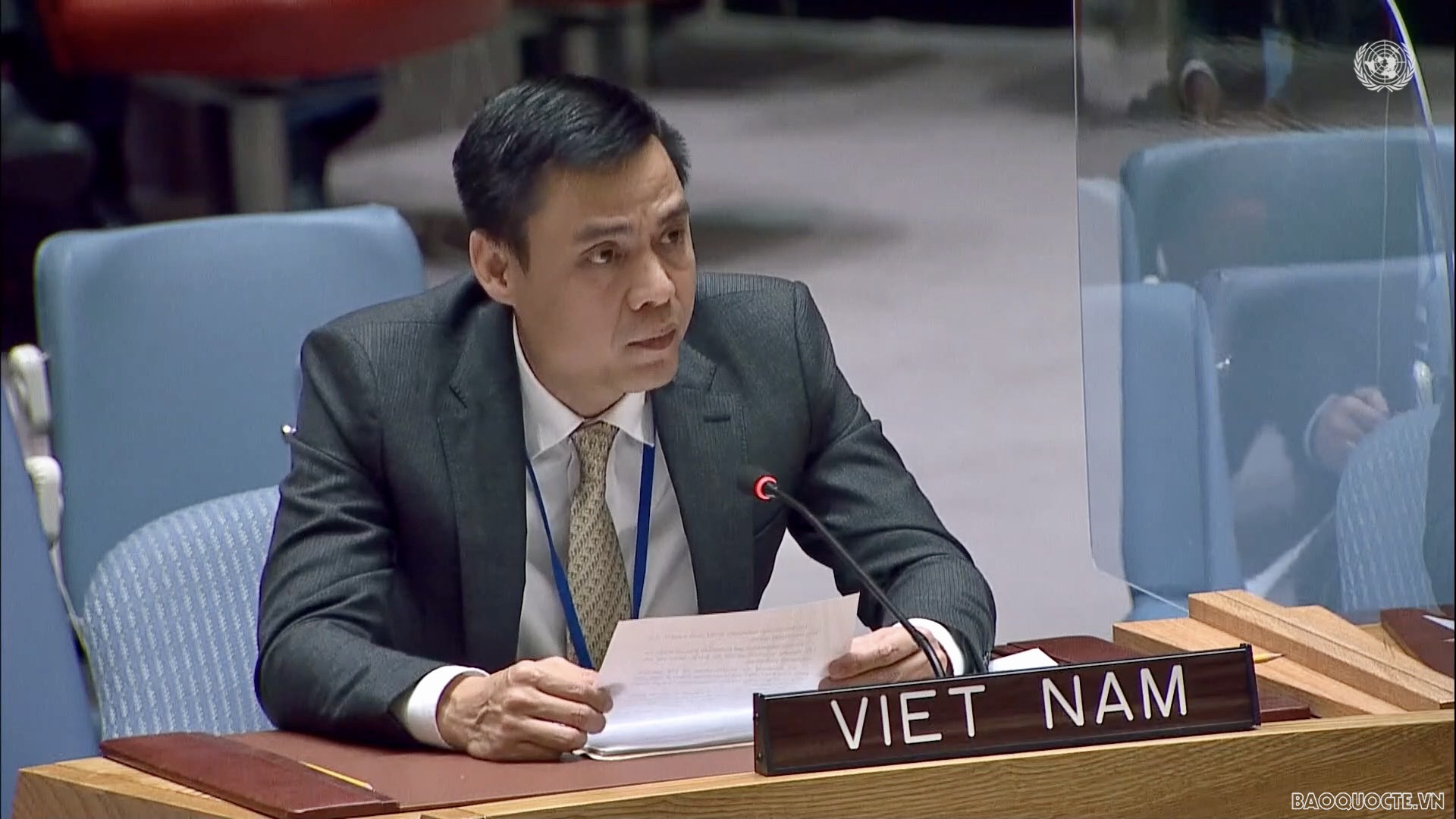 Đại sứ Đặng Hoàng Giang, Trưởng Phái đoàn thường trực Việt Nam tại LHQ phát biểu tại phiên họp.