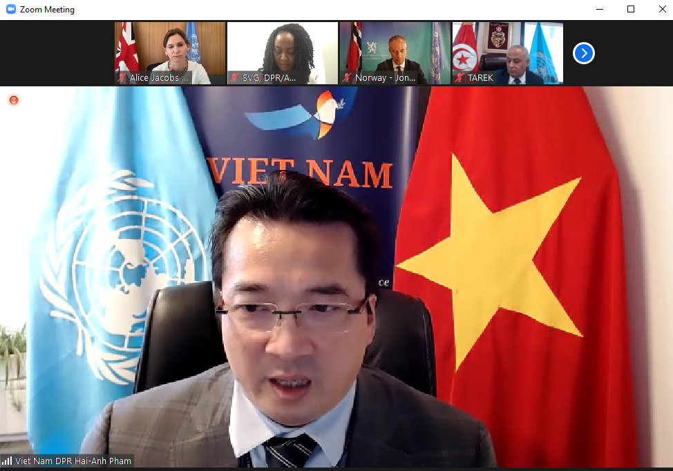 Đại sứ Phạm Hải Anh, Phó Trưởng Phái đoàn Việt Nam tại LHQ phát biểu tại cuộc họp.