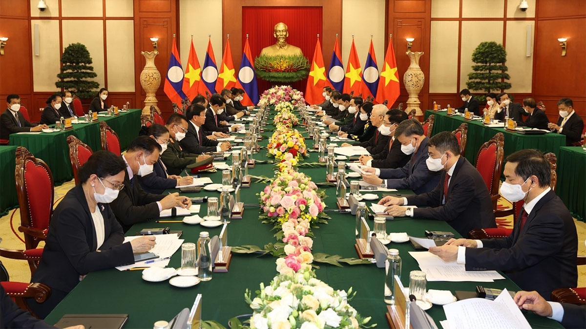 Tổng Bí thư Nguyễn Phú Trọng hội đàm với Tổng Bí thư, Chủ tịch nước Lào Thongloun Sisoulith. (Nguồn: TTXVN)
