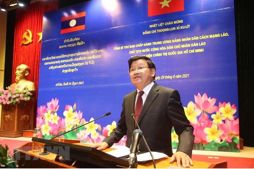 Tổng Bí thư, Chủ tịch nước Lào Thongloun Sisoulith nói chuyện với cán bộ, giảng viên, học viên Học viện Chính trị Quốc gia Hồ Chí Minh. (Nguồn: TTXVN)