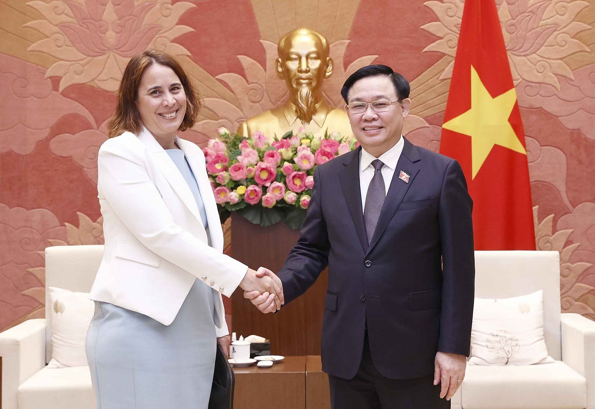 Chủ tịch Quốc hội Vương Đình Huệ tiếp Đại sứ New Zealand tại Việt Nam Tredene Cherie Dobson. (Nguồn: TTXVN)