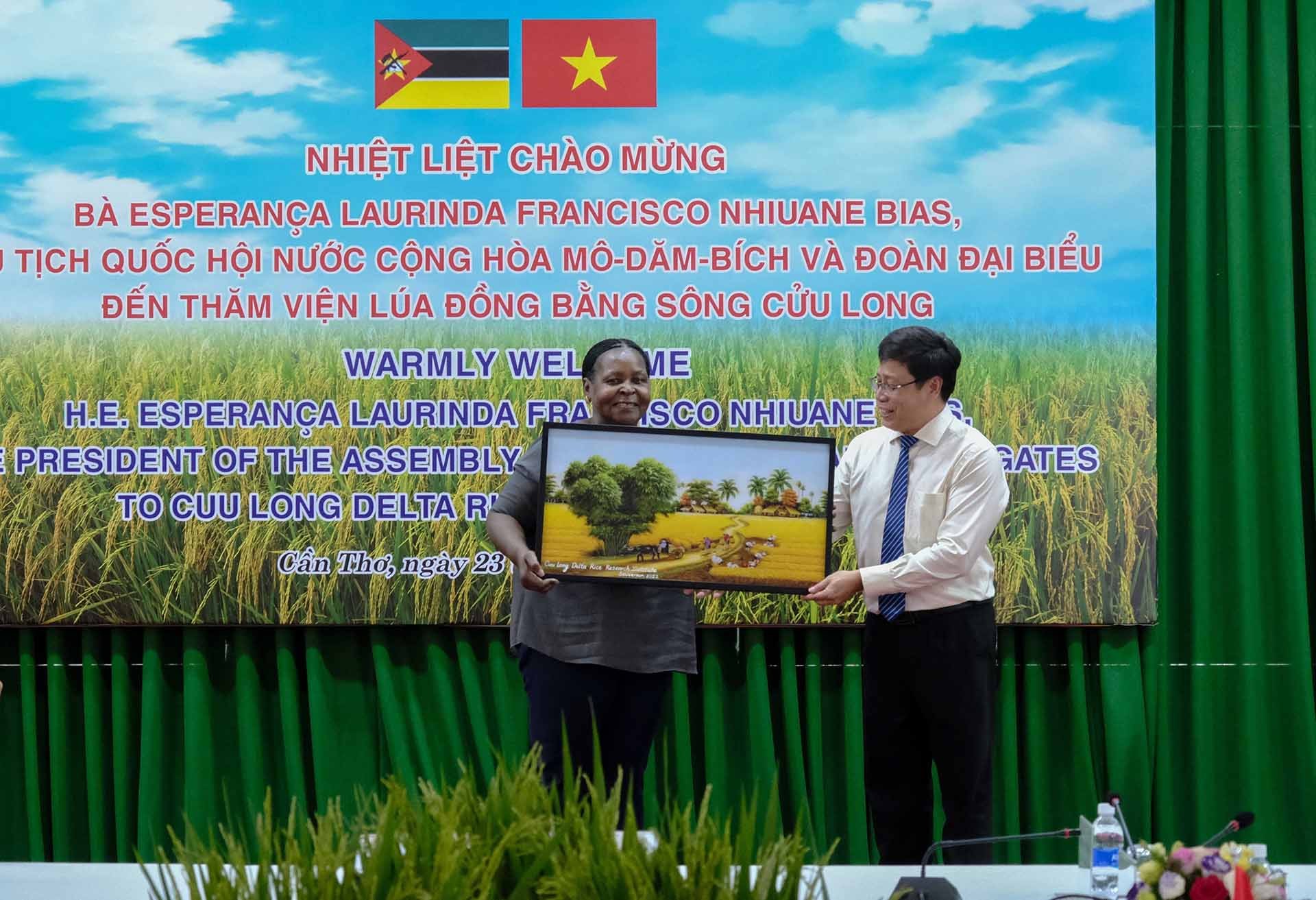 Tiến sĩ Trần Ngọc Thạch, Viện trưởng Viện Lúa Đồng bằng sông Cửu Long tặng bức tranh cho Chủ tịch Quốc hội Cộng hòa Mozambique Esperanca Laurinda Francisco Nhiuane Bias. (Nguồn: TTXVN)