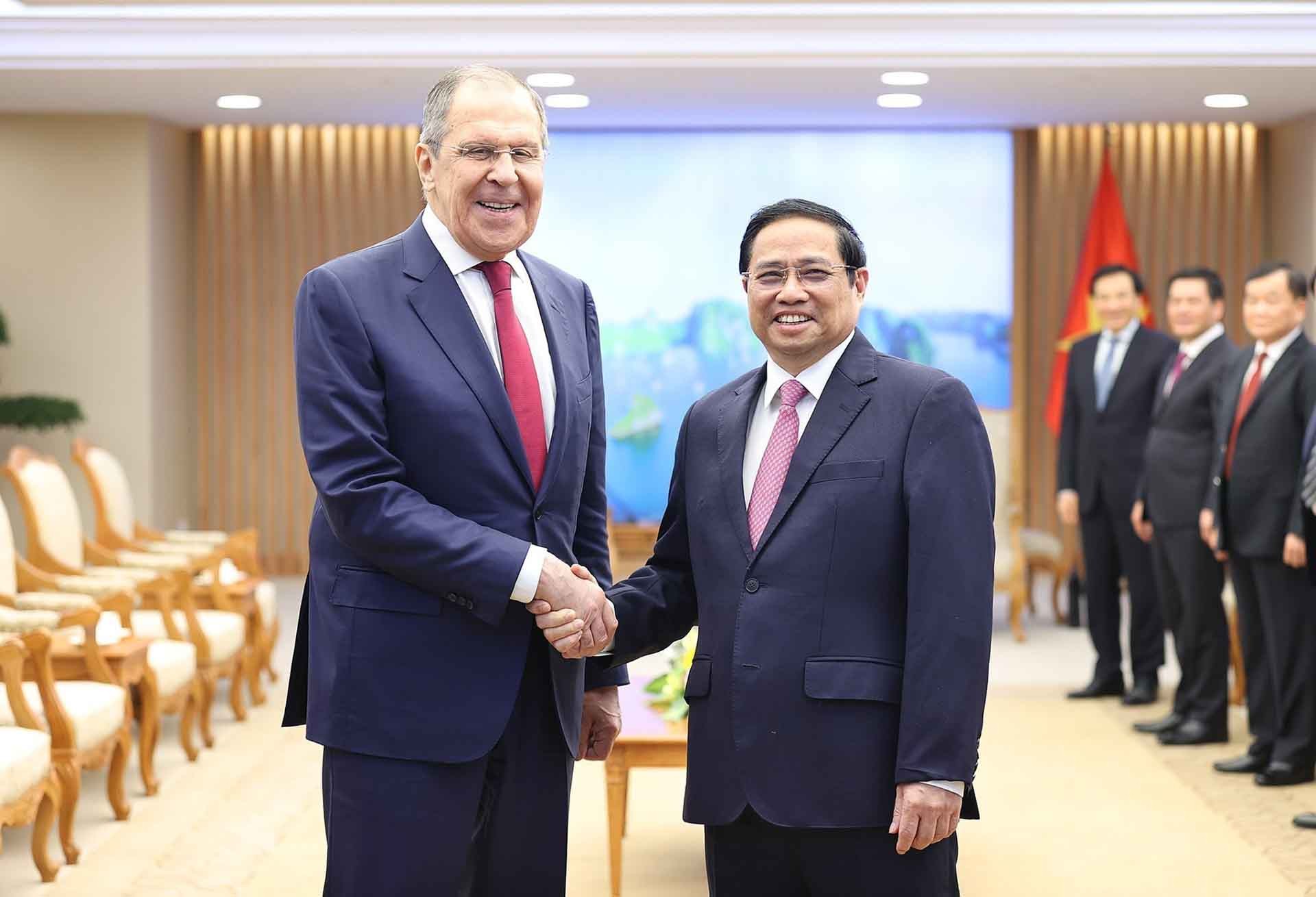 Thủ tướng Phạm Minh Chính tiếp Bộ trưởng Ngoại giao Nga Sergey Lavrov. (Nguồn: TTXVN)