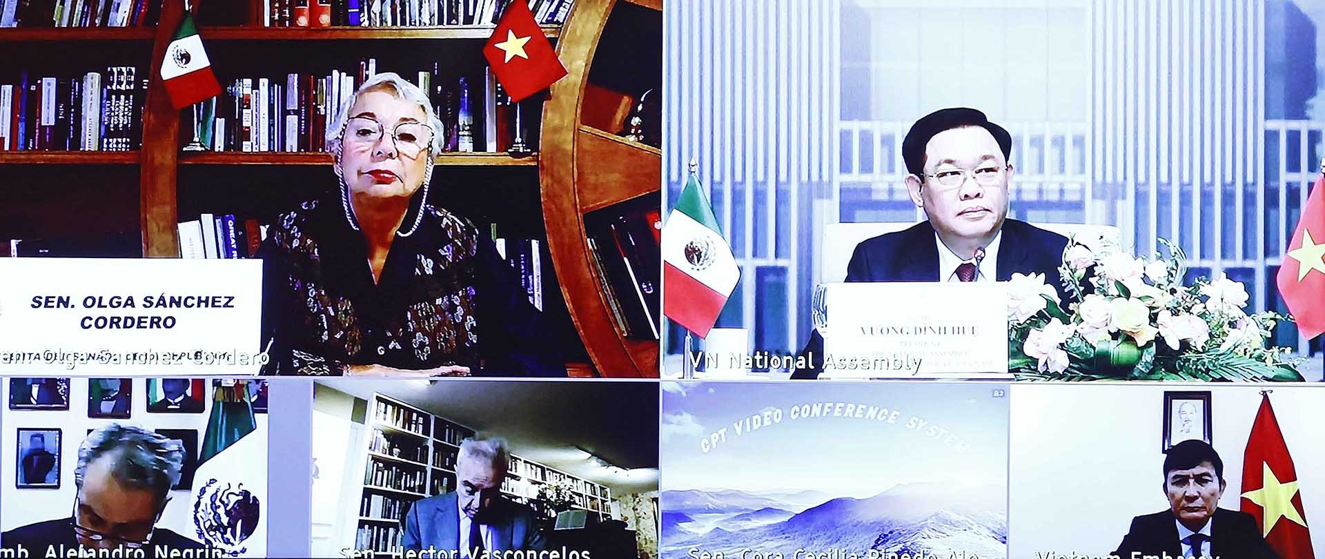 Chủ tịch Quốc hội Vương Đình Huệ hội đàm trực tuyến với Chủ tịch Thượng viện Mexico Olga Sanchez Cordero. (Nguồn: TTXVN)