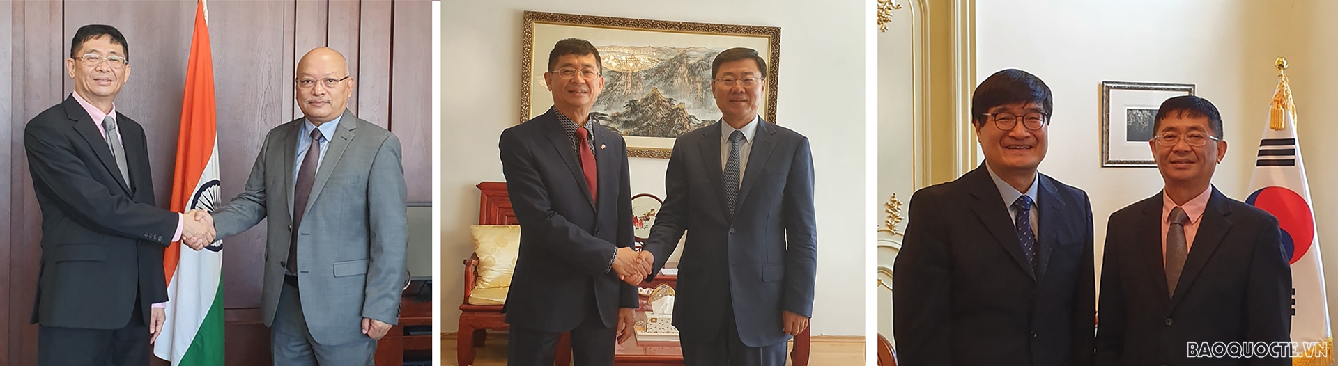 Ảnh từ trái qua phải: Đại sứ Việt Nam tại Slovakia Nguyễn Tuấn chào xã giao các Đại sứ Ấn Độ, Trung Quốc và Hàn Quốc.