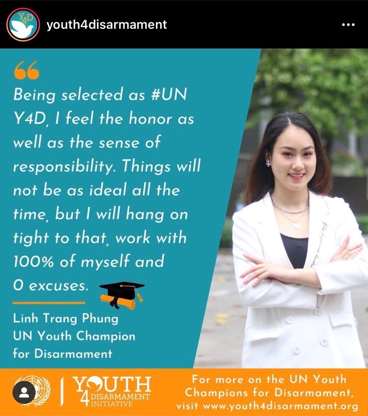 Chị Phùng Trang Linh, sinh viên Đại học Ngoại thương, 01 trong 10 quán quân của chương trình Youth4disarmament.