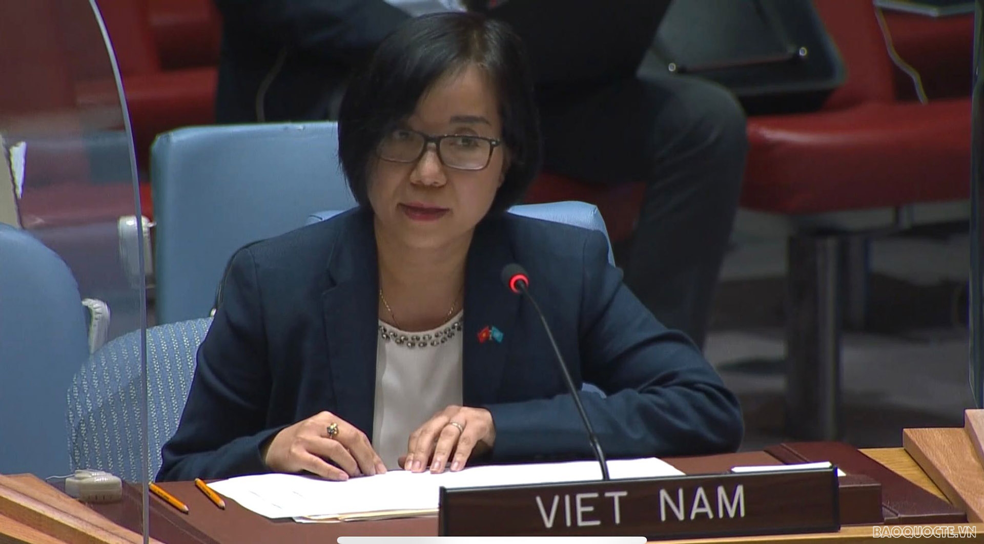 Tham tán Công sứ, Phó Trưởng Phái đoàn Thường trực Việt Nam tại LHQ Nguyễn Phương Trà phát biểu tại cuộc họp.