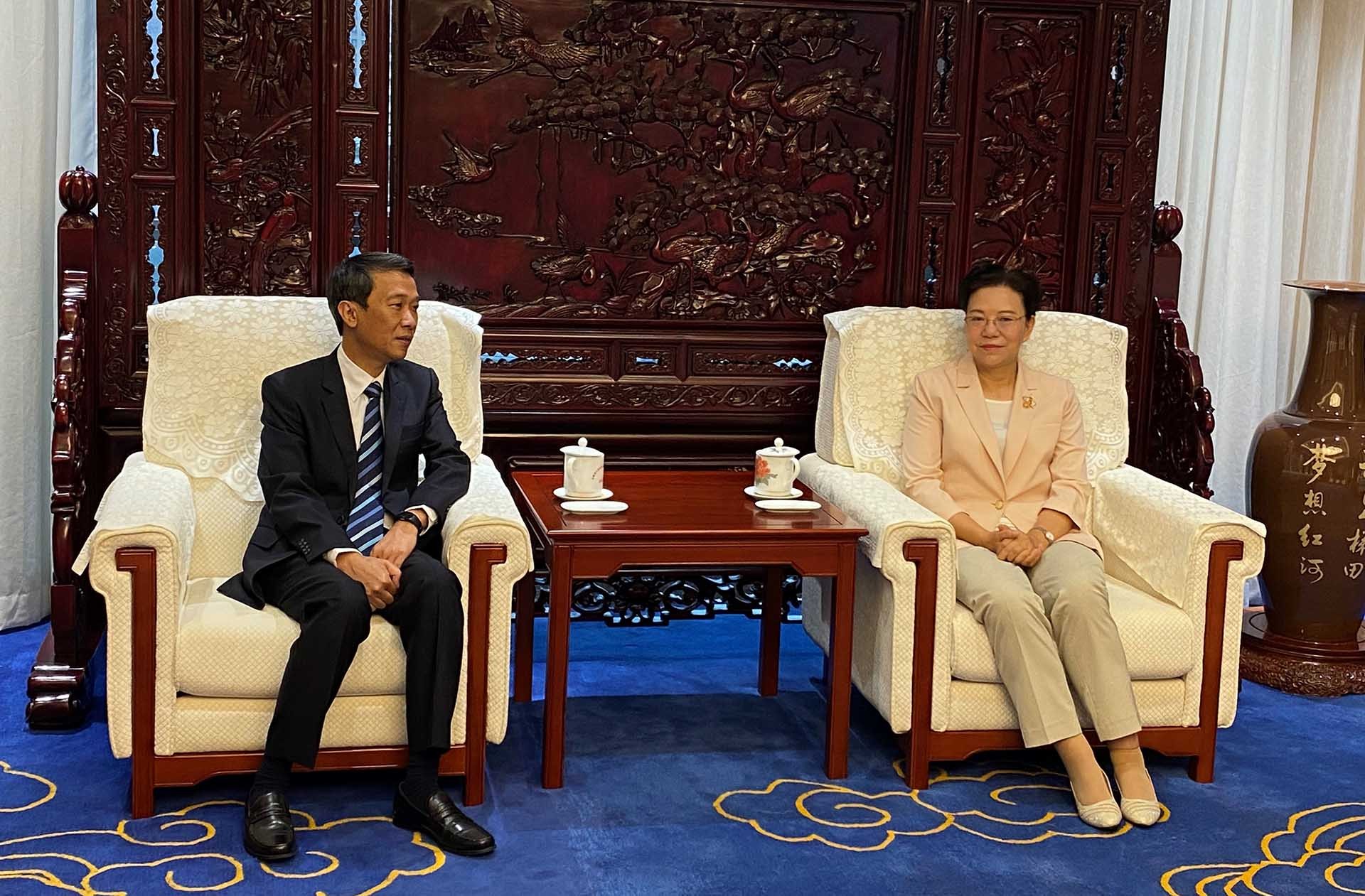Phó Chủ nhiệm Ban Thường vụ Đại hội đại biểu nhân dân tỉnh Vân Nam Vương Thụ Phần và Tổng lãnh sự Nguyễn Trung Hiếu trao đổi ý kiến trước Hội đàm.