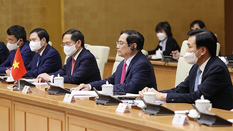 Thủ tướng Phạm Minh Chính phát biểu tại buổi tiếp Bộ trưởng Ngoại giao Trung Quốc Vương Nghị. (Nguồn: TTXVN)