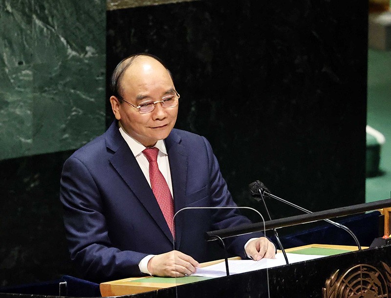 Chủ tịch nước Nguyễn Xuân Phúc phát biểu tại Phiên thảo luận Cấp cao Đại hội đồng Liên hợp quốc lần thứ 76. (Nguồn:  TTXVN)
