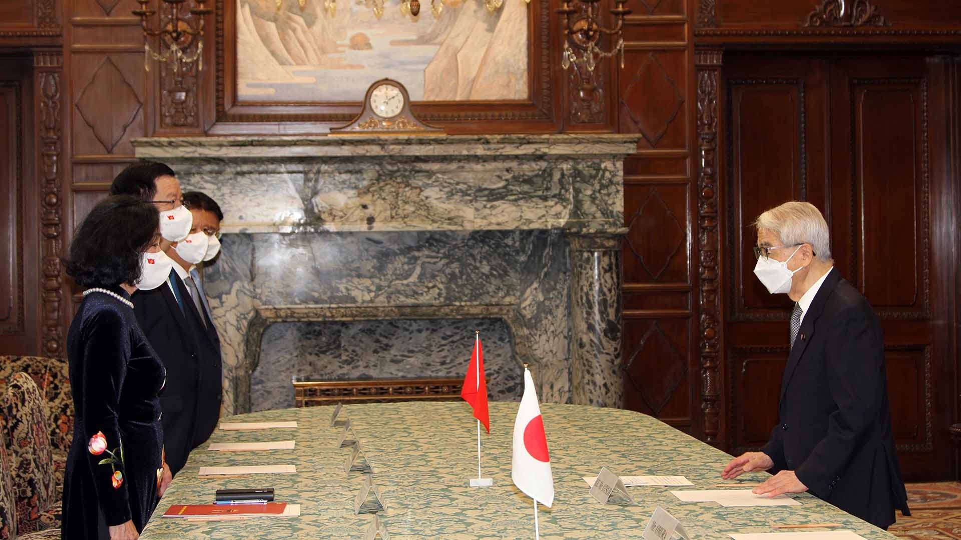 Đồng chí Trương Thị Mai hội kiến với Chủ tịch Thượng viện Nhật Bản Hidehisa Otsuji. (Nguồn: TTXVN)