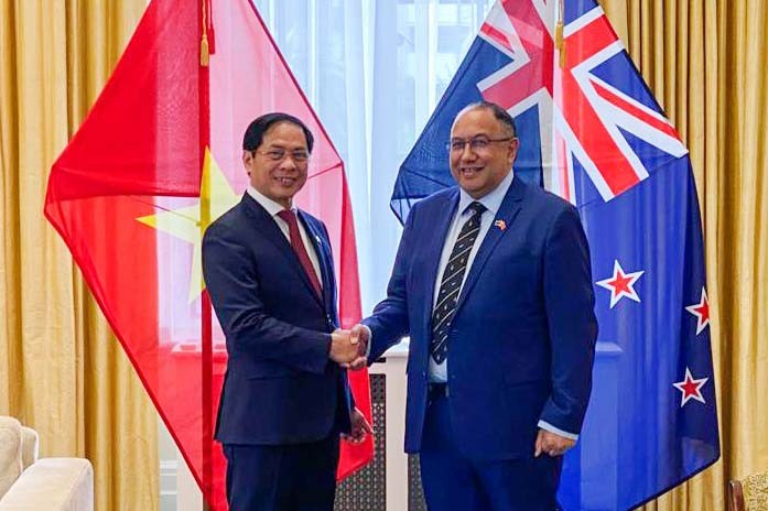 Bộ trưởng Ngoại giao Bùi Thanh Sơn chào xã giao Chủ tịch Quốc hội New Zealand Adrian Rurawhe.