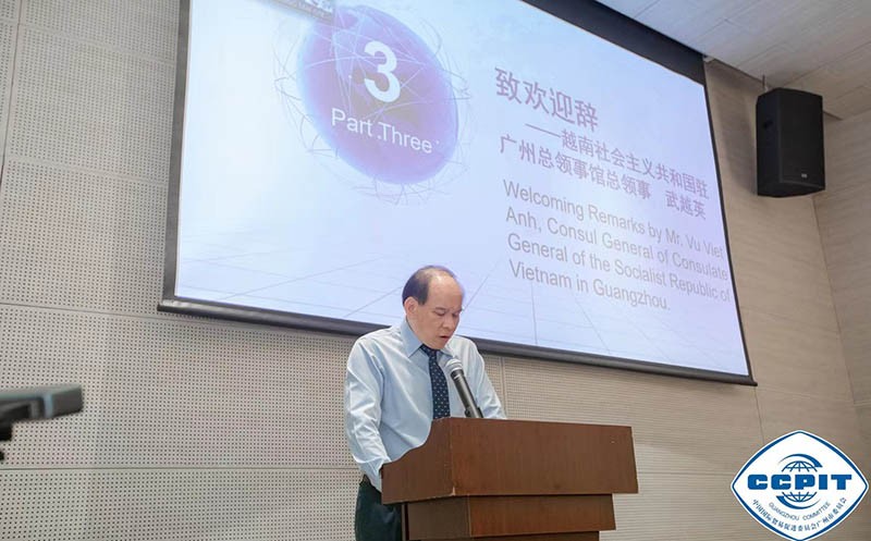 Tổng lãnh sự Vũ Việt Anh phát biểu tại hội thảo. (Nguồn: CCPIT)