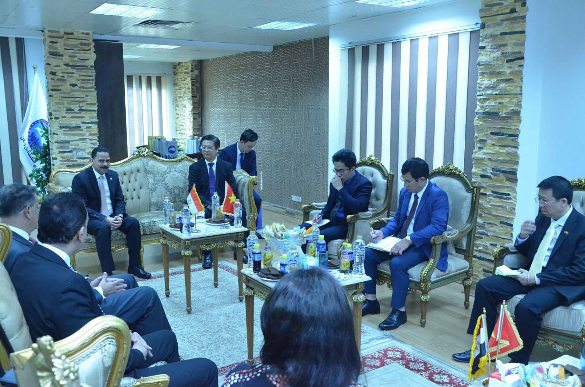 Phó Trưởng Ban Đối ngoại Trung ương Trương Quang Hoài Nam và Hạ nghị sỹ Ashraf Rashad Al-Sharif, Phó Chủ tịch thứ nhất kiêm Tổng thư ký Đảng Tương lai Quốc gia Ai Cập chia sẻ thông tin về tình hình hai nước.