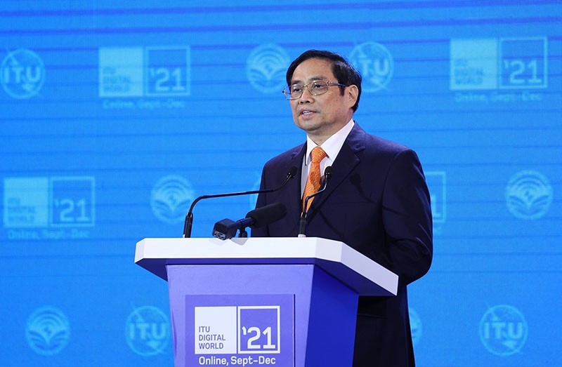 Thủ tướng Phạm Minh Chính phát biểu tại Triển lãm Thế giới số 2021. (Nguồn: TTXVN)