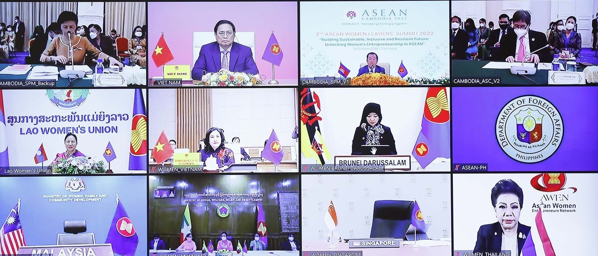Đại biểu các nước ASEAN tham dự Phiên toàn thể Hội nghị Thượng đỉnh Lãnh đạo nữ ASEAN lần thứ 2 theo hình thức trực tuyến. (Nguồn: TTXVN)