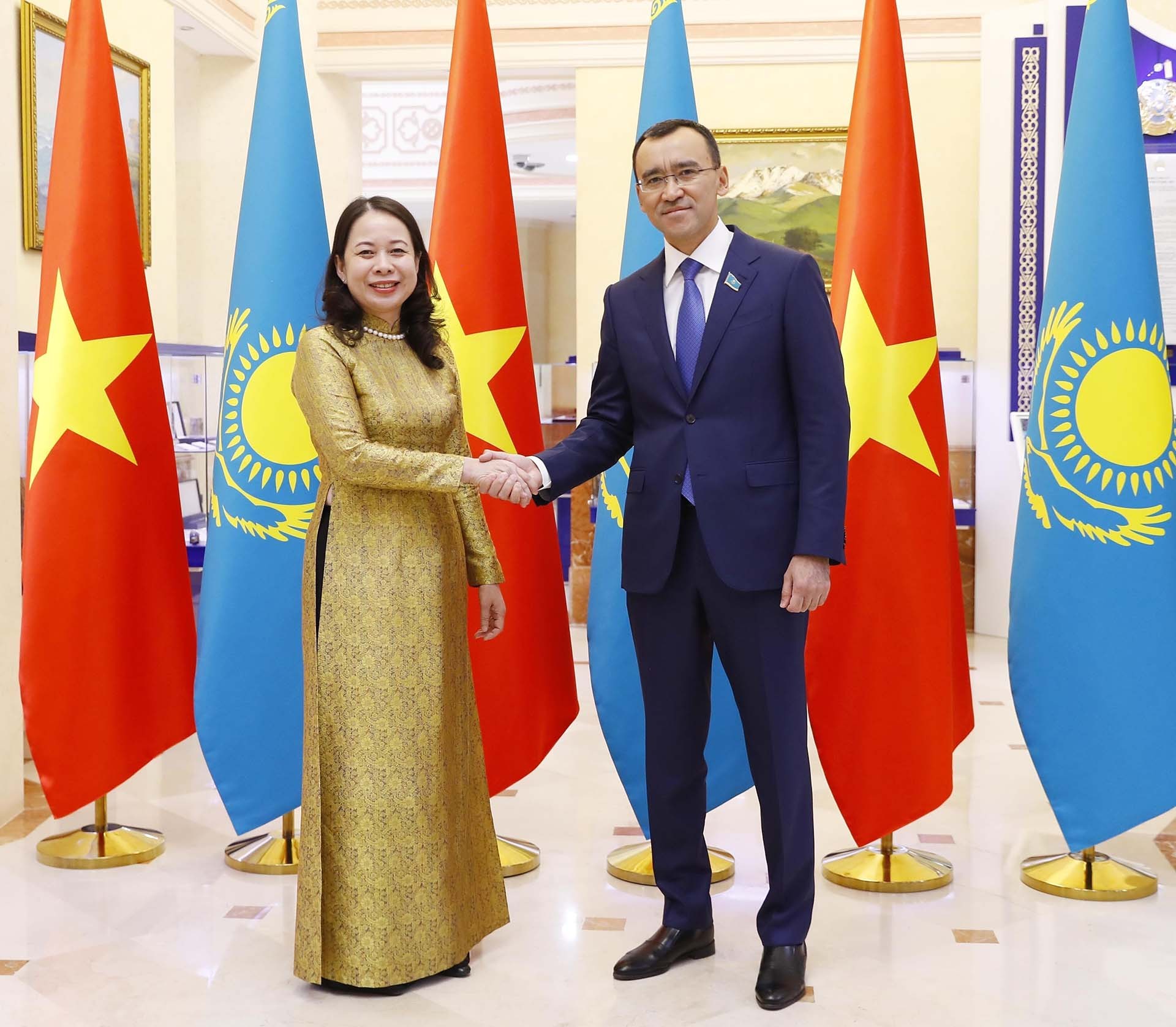 Phó Chủ tịch nước Võ Thị Ánh Xuân hội kiến Chủ tịch Thượng viện Kazakhstan Maulen Ashimbayev. (Nguồn: TTXVN)