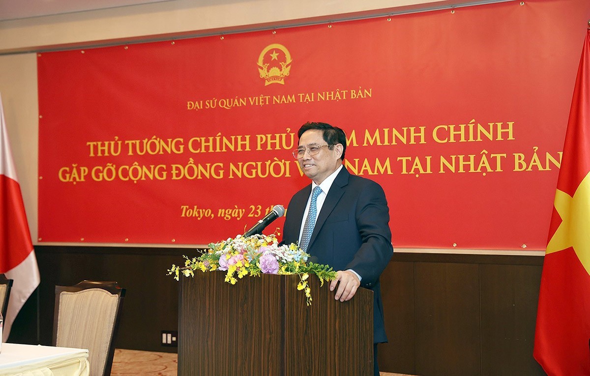Thủ tướng Chính phủ Phạm Minh Chính gặp mặt cộng đồng người Việt Nam tại Nhật Bản. (Nguồn: TTXVN)