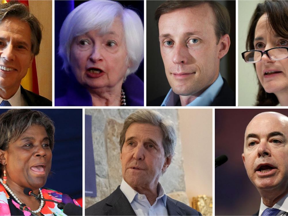 Hàng trên, từ trái qua: Antony Blinken, Janet Yellen, Jake Sullivan, Avril Haines. Hàng dưới, từ trái qua: Linda Thomas-Greenfield, John Kerry, Alejandro Mayorkas. 