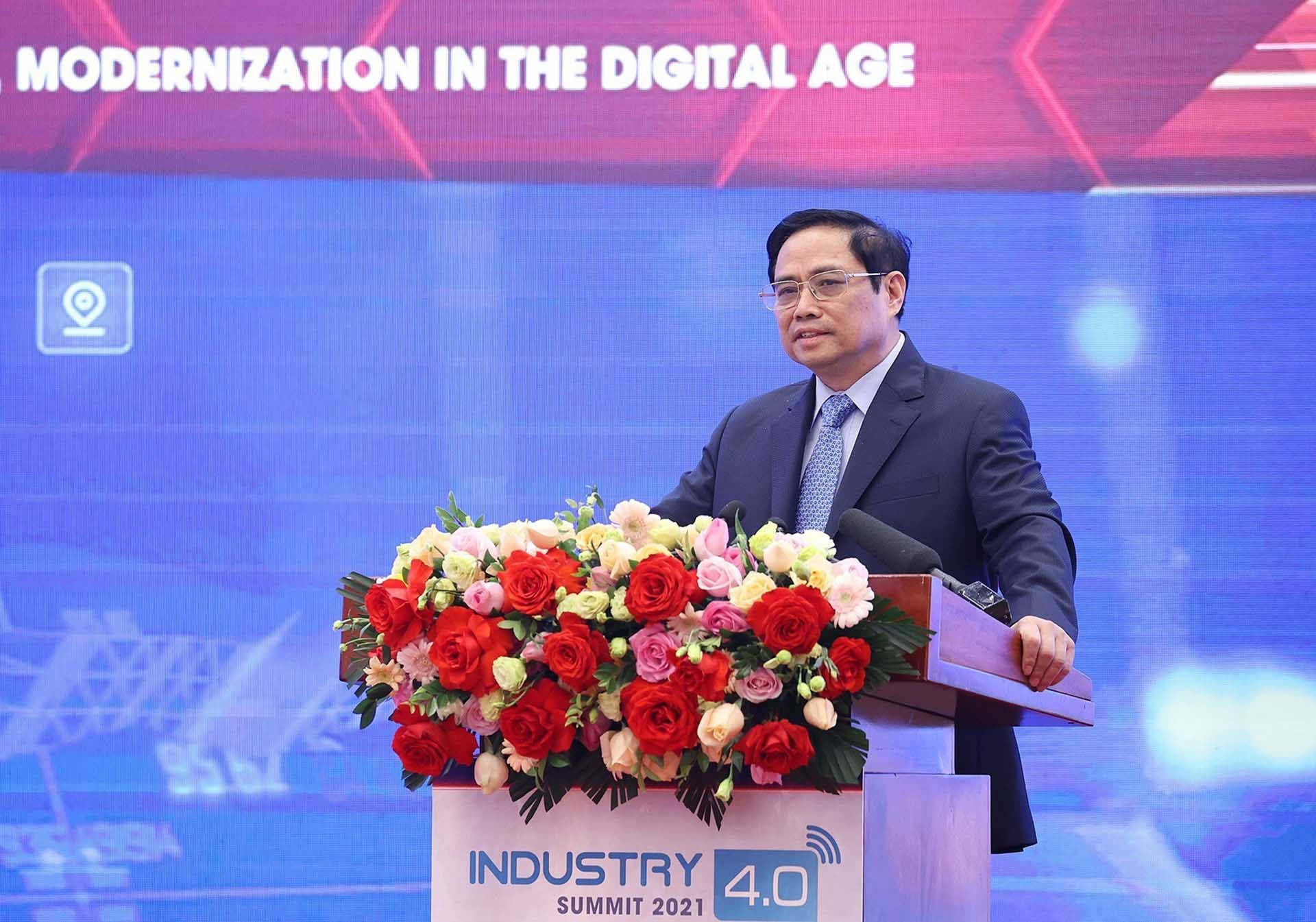 Thủ tướng Phạm Minh Chính phát biểu tại Diễn đàn cấp cao về Công nghiệp 4.0. (Nguồn: TTXVN)