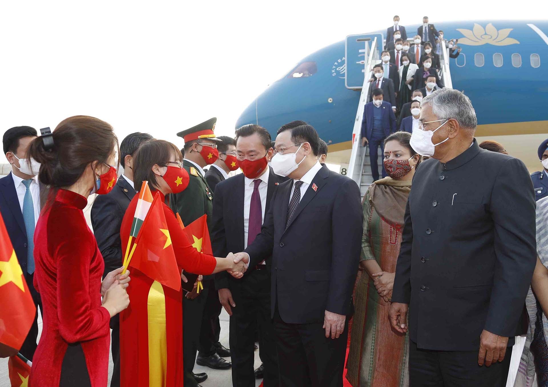 Cán bộ, nhân viên Đại sứ quán, đại diện cộng đồng người Việt Nam tại Ấn Độ đón Chủ tịch Quốc hội Vương Đình Huệ. (Nguồn: TTXVN)