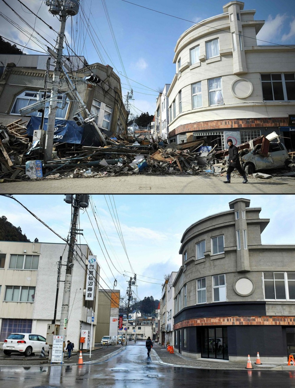 This combination of pictures shows a survivor (top) walking past rubble and collapsed buildings in Kesennuma, Miyagi prefecture, Japan, March 18, 2011