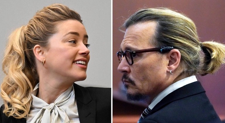 Ngày 18/4, Johnny Depp ra tòa và buộc tóc đuôi ngựa. Ngày 19/4, Amber Heard xuất hiện trước tòa cũng với kiểu tóc đuôi ngựa (Ảnh: New York Post).