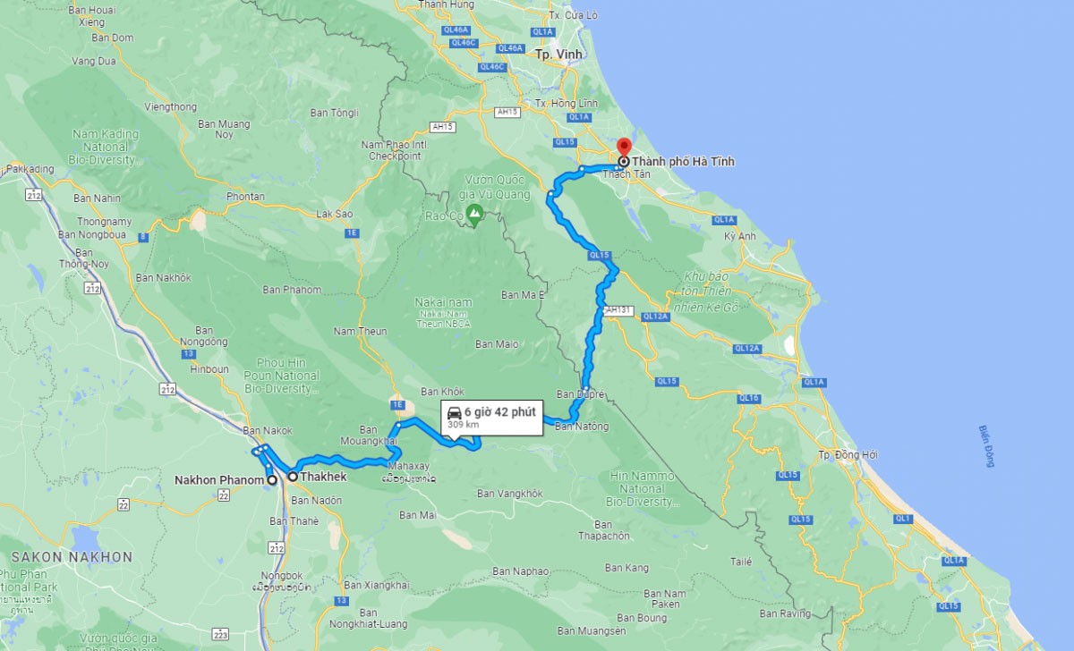 The distance from Nakhon Phanom to Ha Tinh is approximately 300 kilometres. (Photo: Google Maps)
