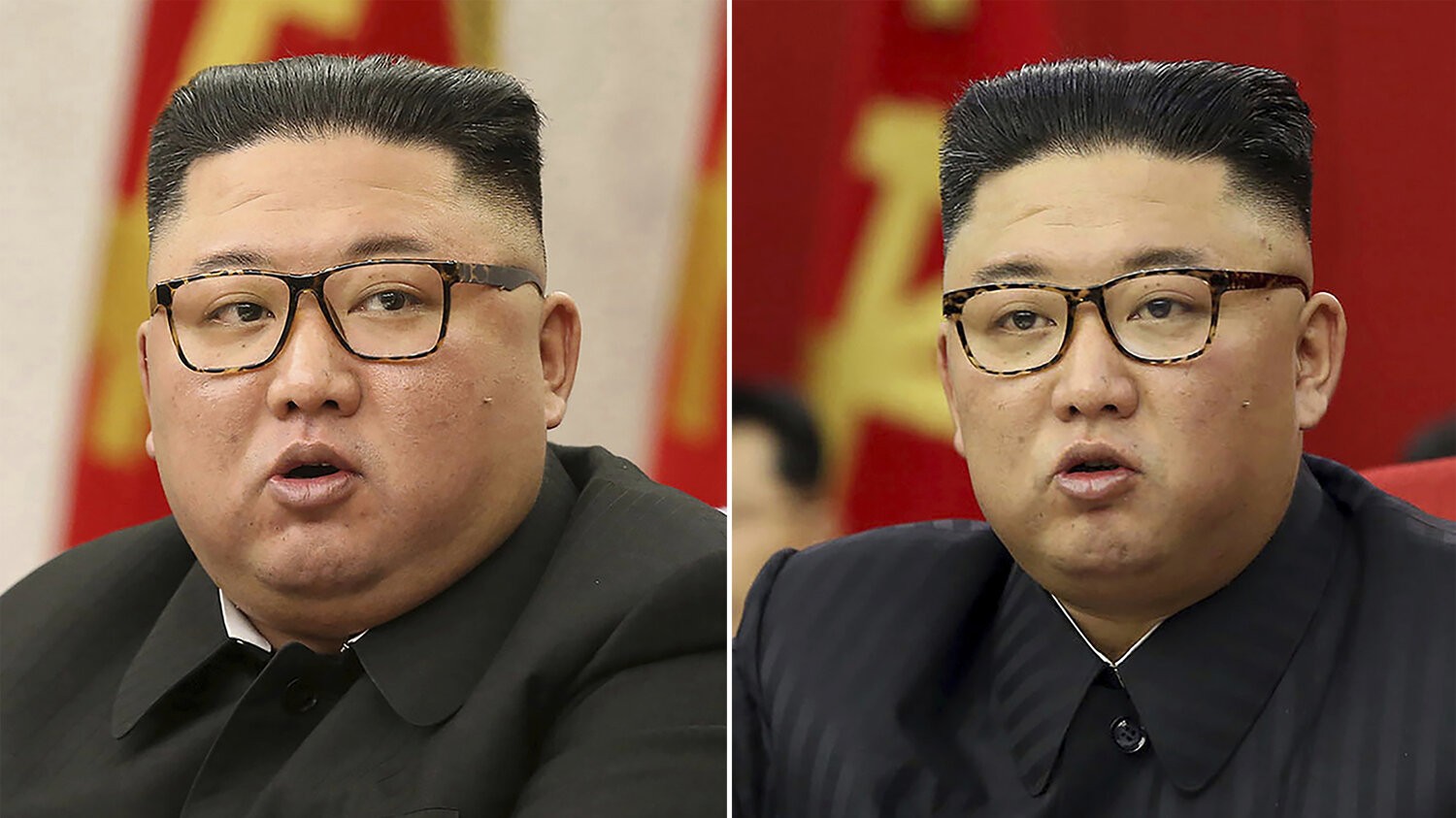 Bức ảnh chụp nhà lãnh đạo Triều Tiên trong các cuộc họp của Đảng Lao động Triều Tiên tại Bình Nhưỡng ngày 8/2 (trái) và ngày 15/6. Vẻ ngoài trông gầy đi đã dấy lên nhiều đồn đoán ông có vấn đề về sức khỏe. (Nguồn: Korean Central News Agency/Korea News Service/AP)