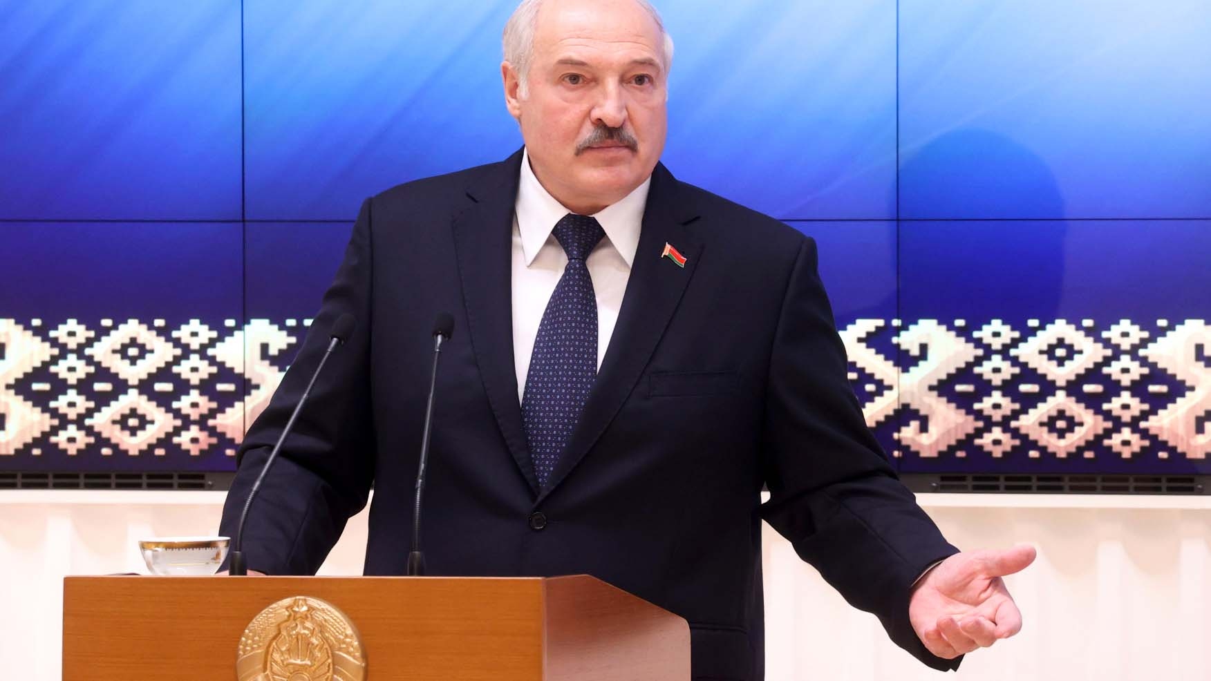 Belarus President Alexander Lukashenko speaks during a meeting with officials in Minsk, Belarus, Friday, July 23, 2021. (Nikolay Petrov/BelTA Pool Photo via AP)