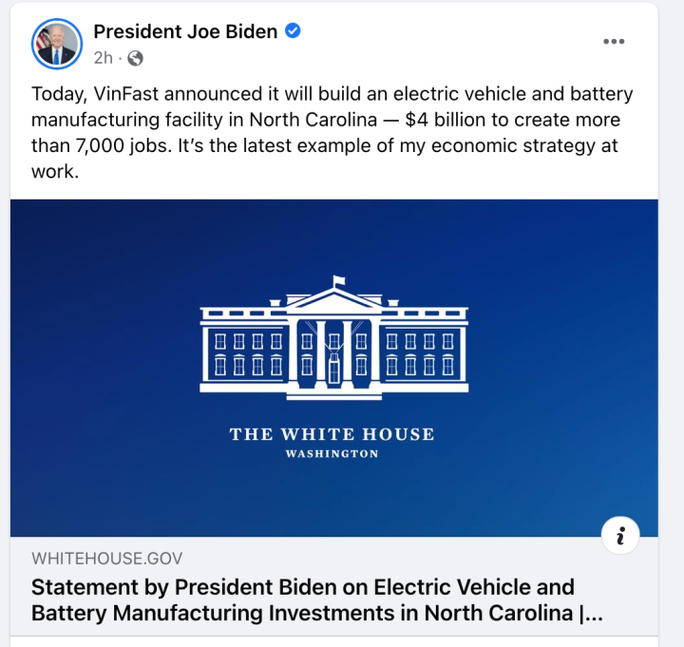 VinFast xây dựng nhà máy 4 tỷ USD ở Mỹ: Tổng thống Joe Biden lên Twitter hoan nghênh; truyền thông quốc tế đưa tin rầm rộ