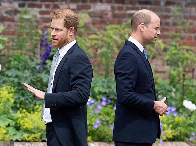 Harry và William quay lưng với nhau trò chuyện cùng khách mời trong lễ khánh thành tượng Diana hôm 1/7. Ảnh: AP.